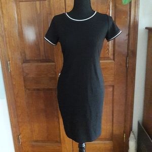 Black Ribbed Bodycon Dress with White Ringer Collar and Sleeves Mod Goth Y2k